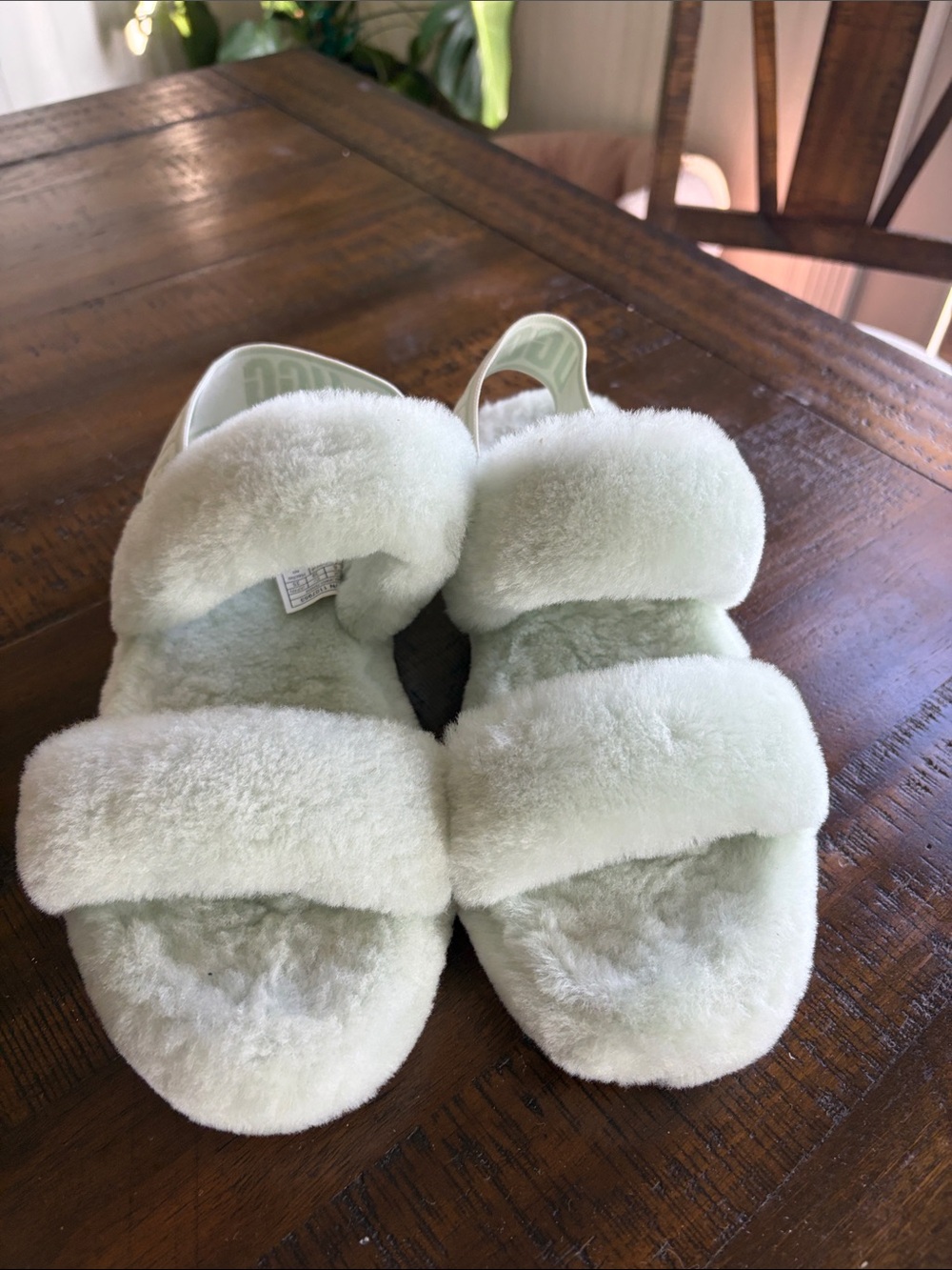 UGG Women's Plush Double-Strap Slippers in Light Green